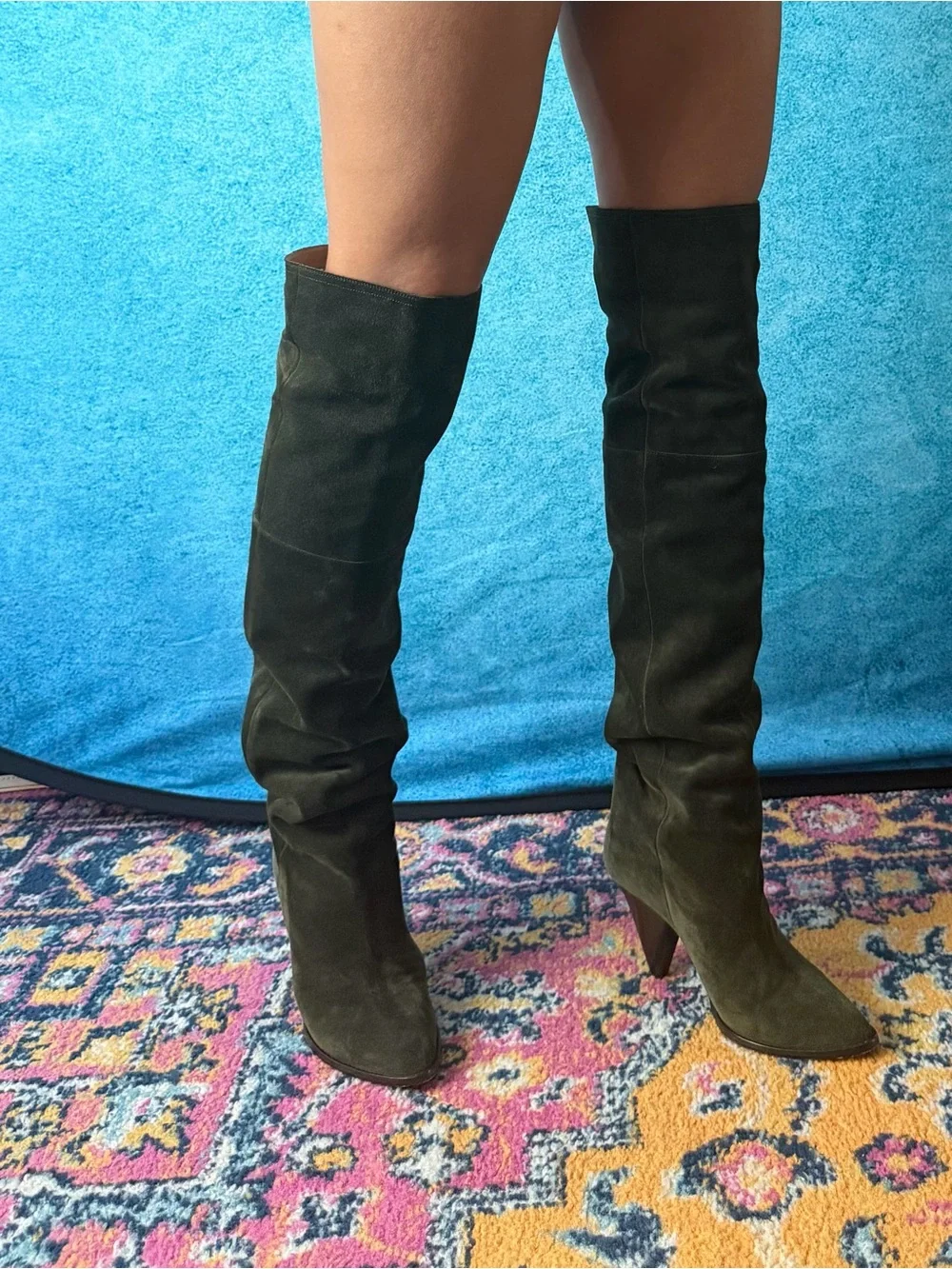 Isabelle Marant Olive Suede Over-The-Knee Cone Heel Boots